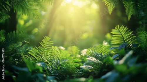 Sunlight filtering through dense rainforest foliage showcases vibrant greener...