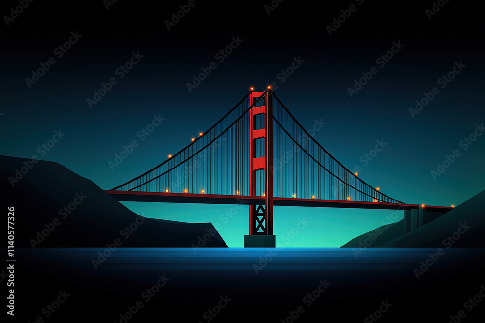 Fototapeta premium Night Scene Bridge Red Towers Black Cables Orange Lights Blue Water Connection