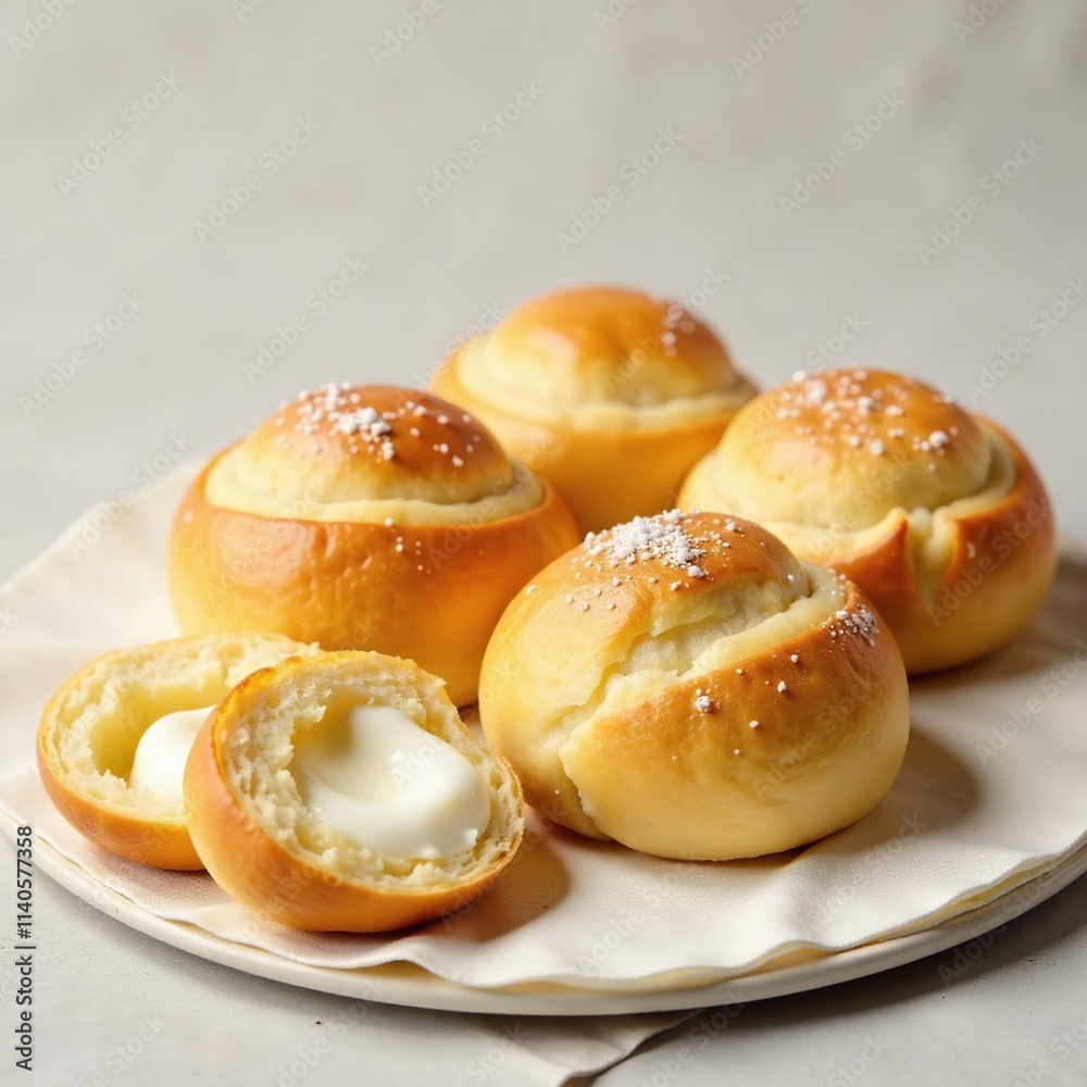 Cream-filled puff pastry rolls on a linen cloth, buttery, flaky, cream Cream-filled puff pastry rolls on a linen cloth, buttery, flaky, cream