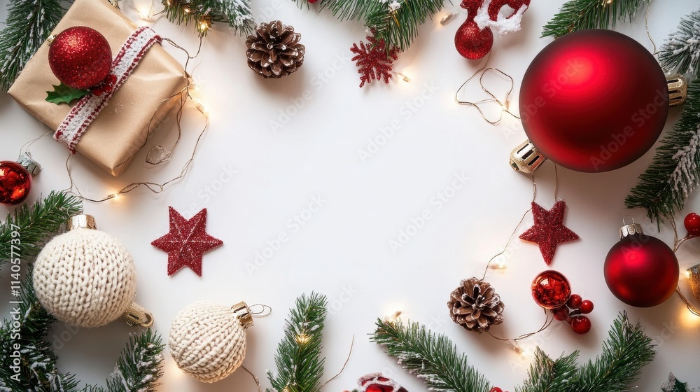 A festive arrangement of red and white ornaments, pine branches, stars, and lights, creating a cheerful holiday atmosphere. A festive arrangement of red and white ornaments, pine branches, stars, and lights, creating a cheerful holiday atmosphere.