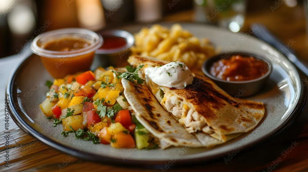 Quesadilla with chicken, cheese, and vegetables on a plate with sour cream Quesadilla with chicken, cheese, and vegetables on a plate with sour cream