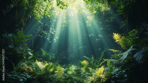 Sunlight filters through dense trees in a lush forest landscape during early ...