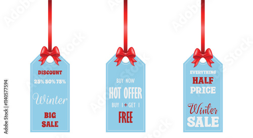 Vector winter minimalistic Sale labels with red bow and ribbon white isolated background. Winter discount, hot offer, big sale, half price labels set. Winter sale banner template.