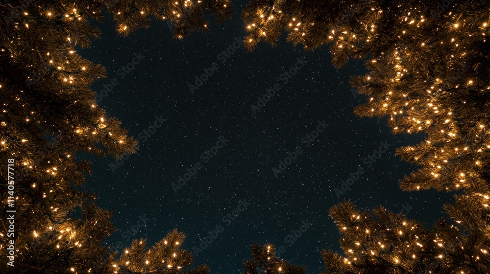 Naklejka premium A mesmerizing view of a starry night framed by twinkling lights from surrounding trees, creating a magical, serene atmosphere.