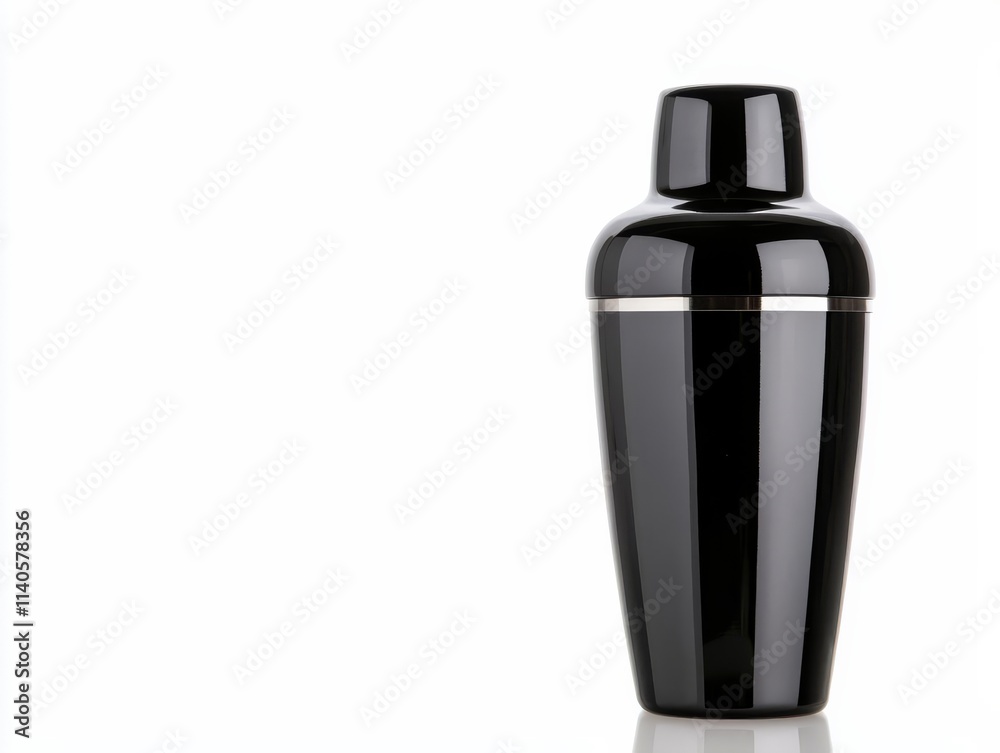 Polished black cocktail shaker with a smooth surface and no branding, displayed on a white reflective background Polished black cocktail shaker with a smooth surface and no branding, displayed on a white reflective background