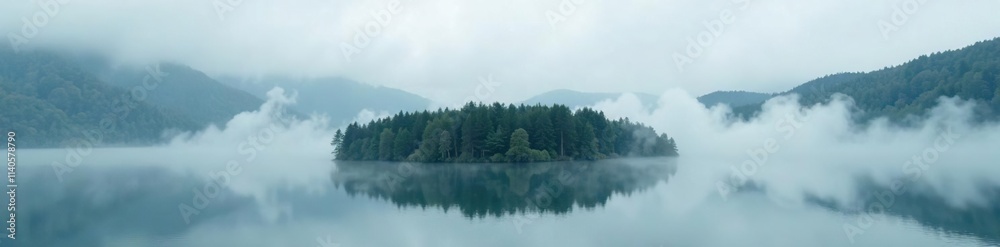 Fototapeta premium Dense fog wraps around a forested lake peninsula, serene landscape, natural scenery, overcast sky
