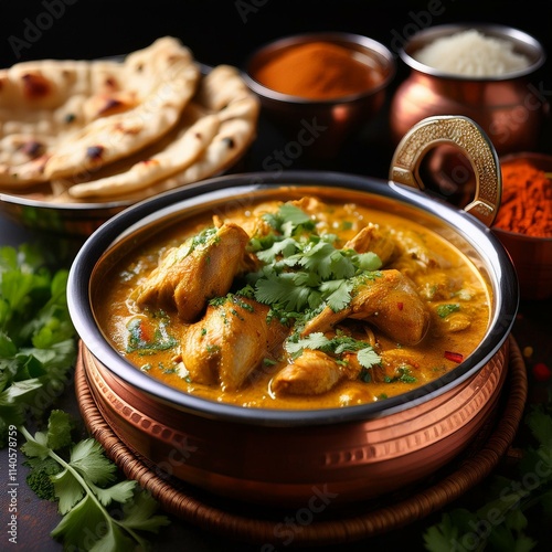 Traditional Indian feast unfolds around a steaming handi of chicken, its creamy sauce a canv