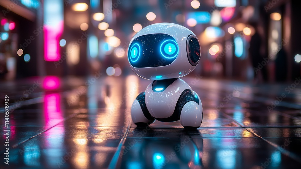 Cute robot exploring neon-lit city at night Cute robot exploring neon-lit city at night