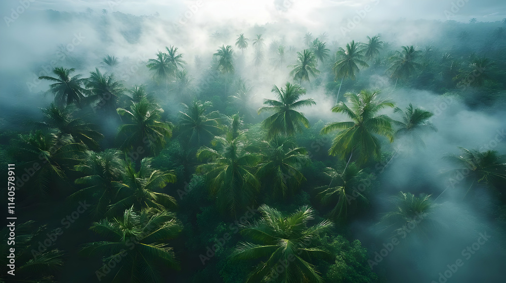 Obraz premium Aerial View of Foggy Tropical Palm Forest - Photo
