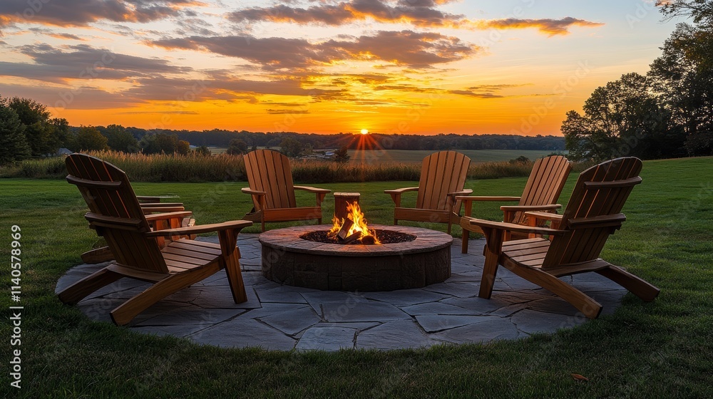 Fire pit and adirondack chairs enjoying a beautiful sunset over farmland Fire pit and adirondack chairs enjoying a beautiful sunset over farmland