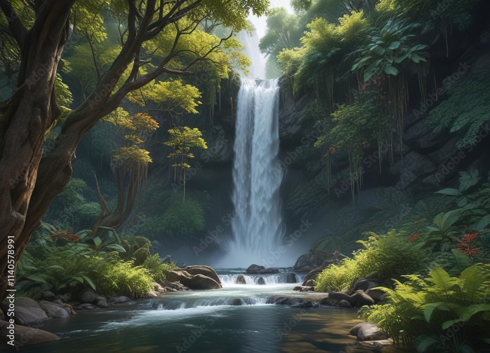 Fototapeta premium Dense thicket of tilo trees surrounding a cascading waterfall, undergrowth, tilos
