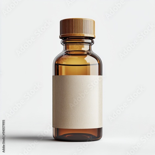 Brown glass bottle with blank label for essential oils or natural remedies in...