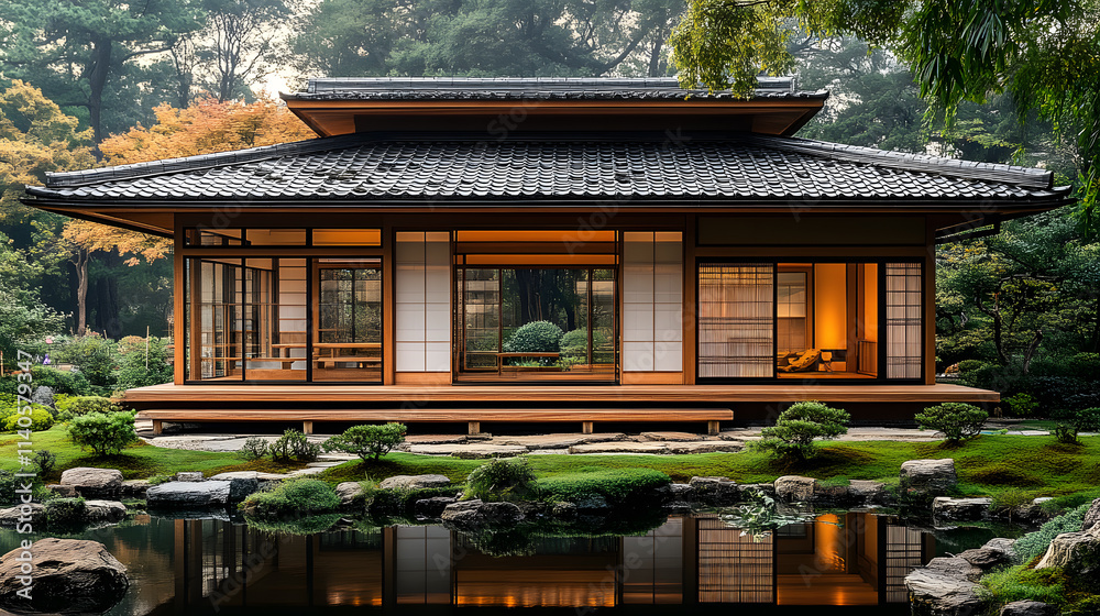 A highly detailed photography showcasing a traditional wooden Japanese teahouse surrounded by a serene garden, with its simple yet elegant architectural form blending seamlessly into nature.