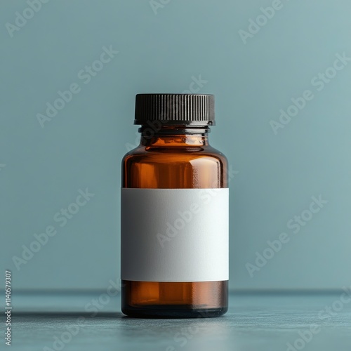 Brown glass bottle with blank label for essential oils or natural remedies in...