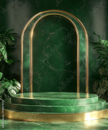 Green Marble Podium with Gold Arch. Product display, luxury, presentation.