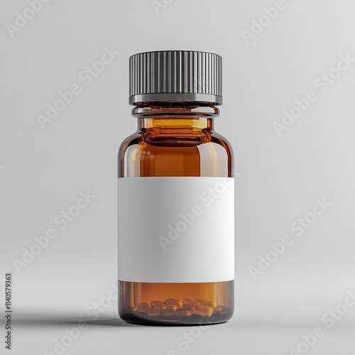 Brown glass bottle with blank label for essential oils or natural remedies in...