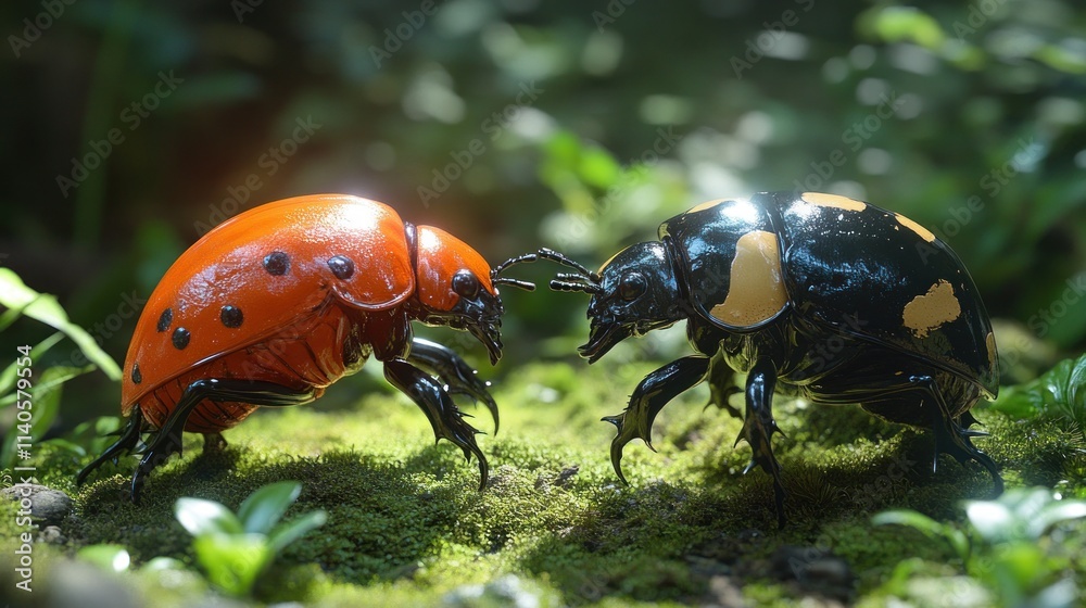 Obraz premium Two beetles facing each other on moss.