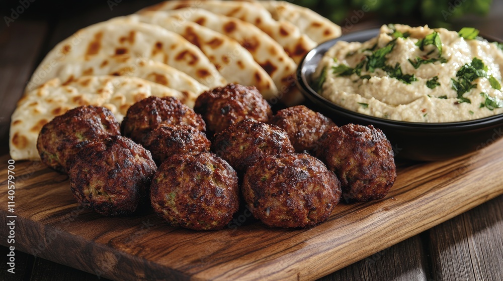 Assorted dessert balls arranged neatly on a wooden platter with a creamy dip
