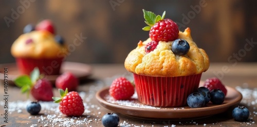 Einzelne heidelbeeren muffin auf einem Tisch mit Bl?ttern, fruchtig, muffin photo