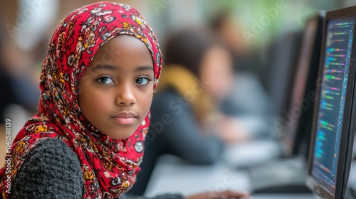 Young girl with curly hair smiles while working at a computer in a classroom ...