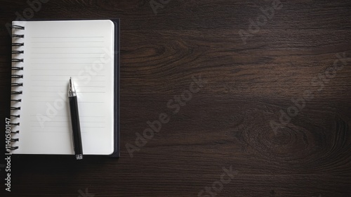 Notebook and Pen on Dark Wood Table for Writing or Note-Taking, Web Banner with Copy Space on Right, Ideal for Education and Business Themes
