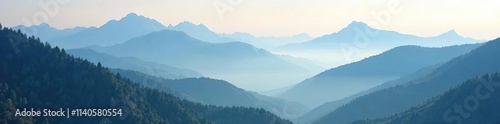 Foggy mountain landscape with low hanging clouds, mountains, fog, serene