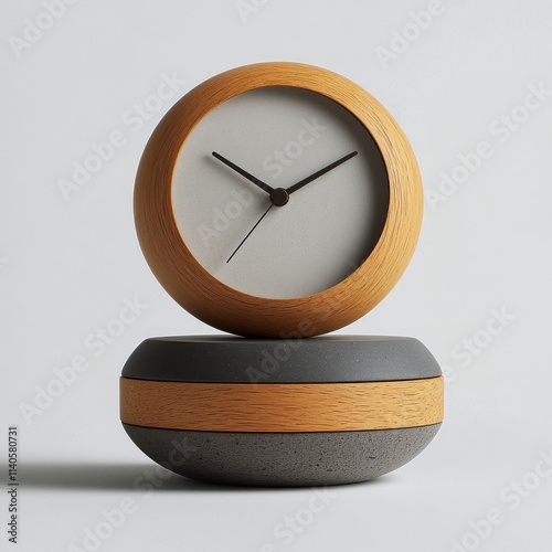 Modern clock design featuring wooden and stone elements in minimalistic style photo