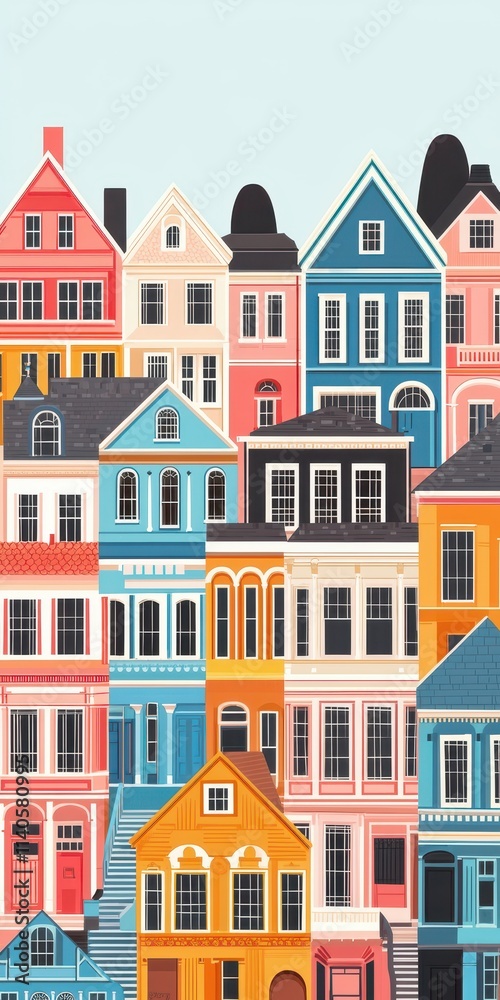 Fototapeta premium A colorful illustration of stacked houses, showcasing various architectural styles and vibrant hues against a light background.