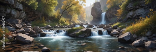 Serene creek waters flowing gently beyond Wildwood Falls , serene, wildwood falls, forest