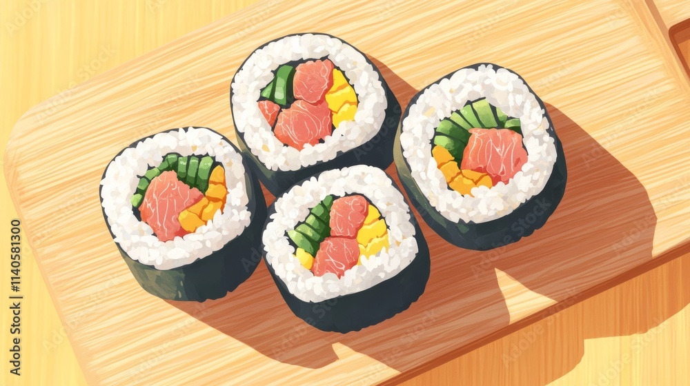 Four delicious sushi rolls resting on a wooden cutting board Four delicious sushi rolls resting on a wooden cutting board