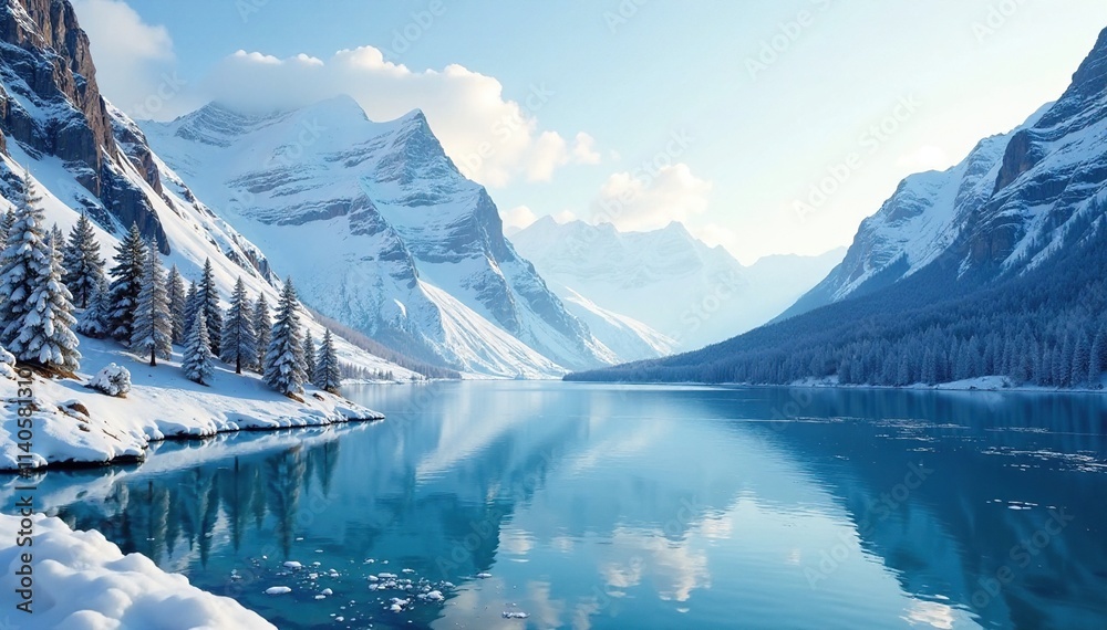 Frozen fjord with snow-covered trees and mountains, peaceful, mountain Frozen fjord with snow-covered trees and mountains, peaceful, mountain