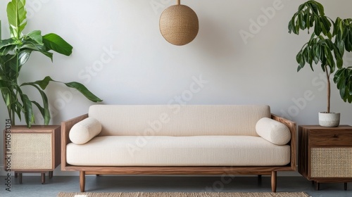 Comfortable modern living room with pink sofa and wooden decor in bright sunl...