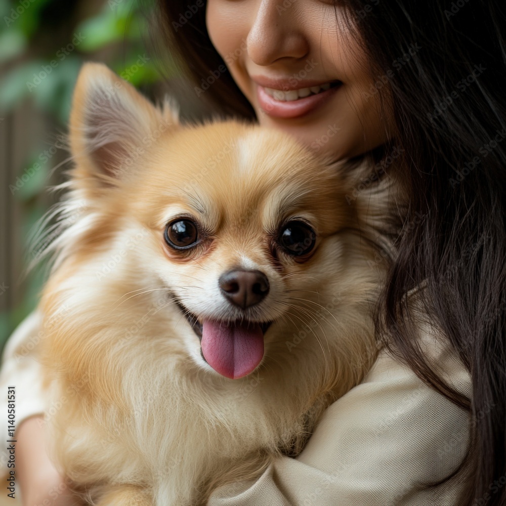 a woman is holding a small dog outside
