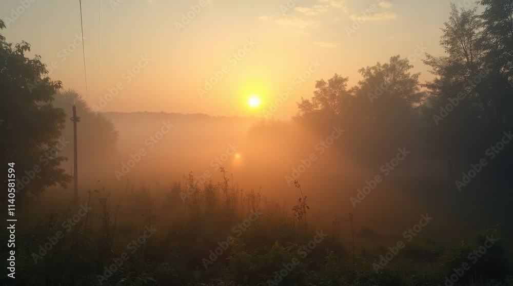 Naklejka premium Fog in nature, cities and villages with misty forest landscape 