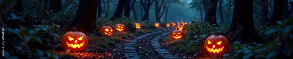 Jack o lanterns lit up a winding forest trail, dark forest, leafy canopy, glowing pumpkins trail Jack o lanterns lit up a winding forest trail, dark forest, leafy canopy, glowing pumpkins trail