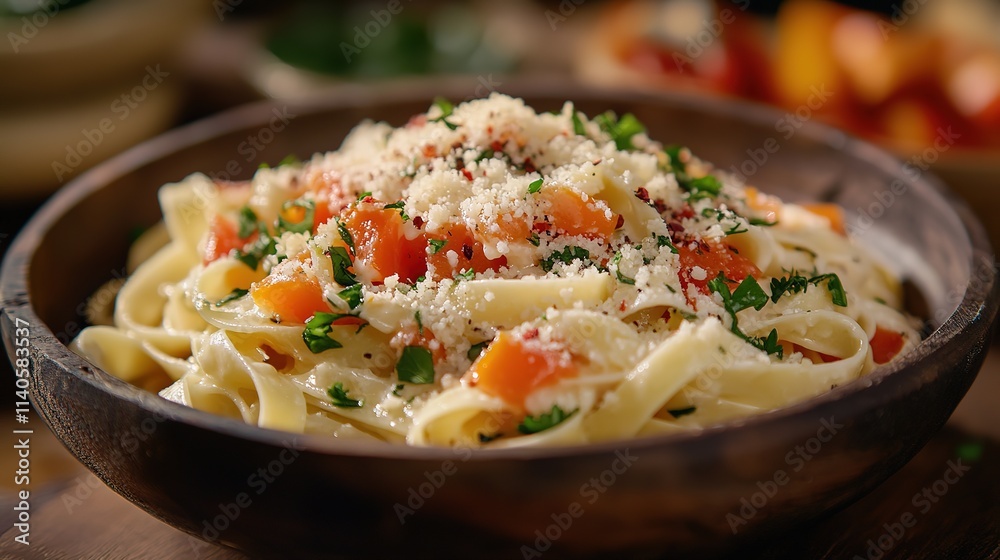 Italian Fettuccine Pasta with Fresh Tomatoes, Parmesan, and Parsley Served in Wooden Bowl Italian Fettuccine Pasta with Fresh Tomatoes, Parmesan, and Parsley Served in Wooden Bowl