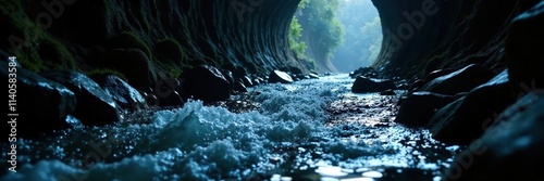 Water flowing through a narrow dark tunnel illuminated by soft white glow, underground, rivulet