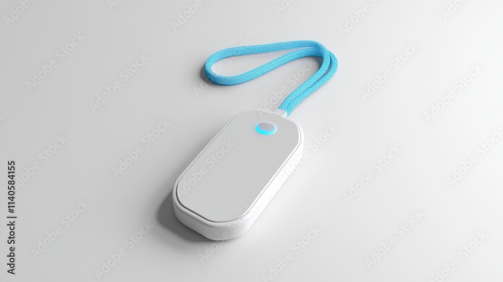 Portable modern handheld device with blue wrist strap on white background Portable modern handheld device with blue wrist strap on white background