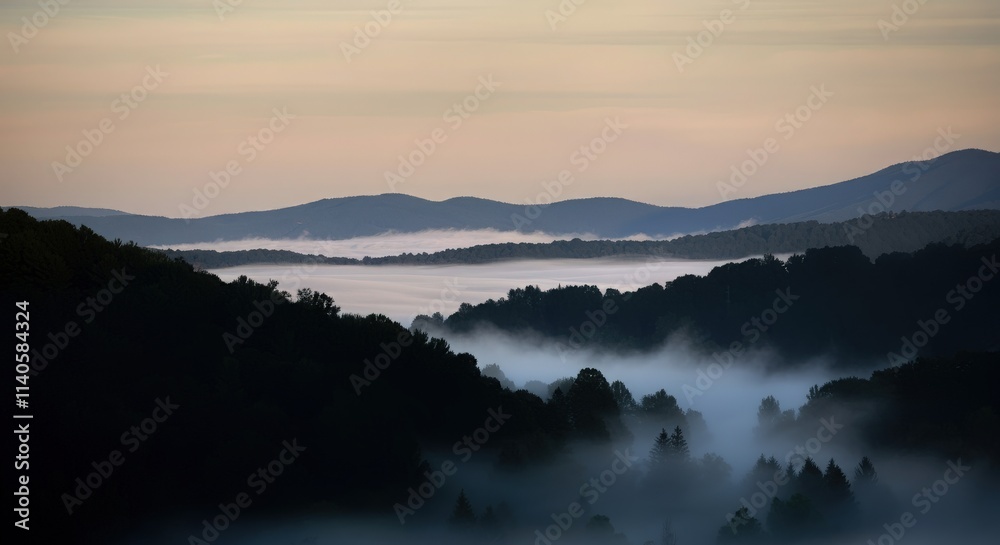 Obraz premium Fog in nature, cities and villages with misty forest landscape