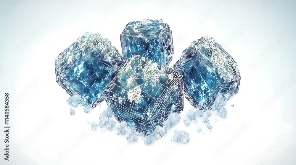 Fototapeta premium Four translucent blue ice cubes with frost on white background.