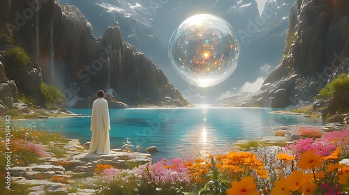 Person in white robe gazing at a giant iridescent sphere hovering over a serene mountain lake and vibrant flowers.