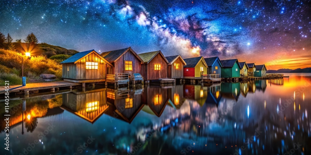 Obraz premium Night Fishing Hut Photography: Illuminated Lakeside Cabins, Serene Waterscapes, Starry Nights, Coastal Fishing Huts, Night Fishing Scene