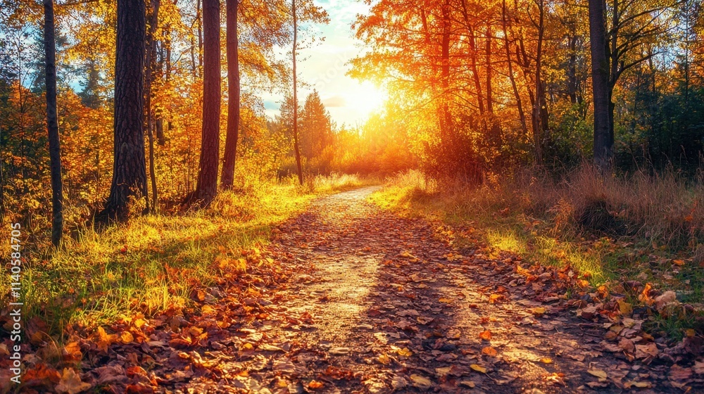 Obraz premium Scenic Autumn Pathway Through Vibrant Golden Forest at Sunset