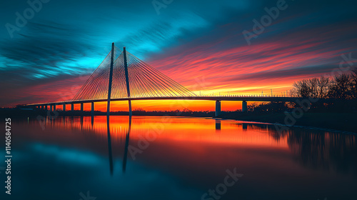 A stunning photography capturing an ultramodern bridge with sweeping lines, steel cables, and dynamic lighting, spanning over a tranquil river at sunset.