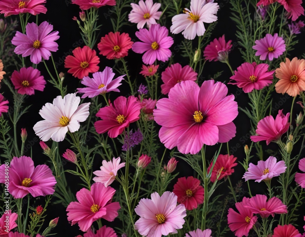 A mix of colorful flowers including cosmos and gladioli on a dark background with bright pink accents, cosmos, gladioli, planters