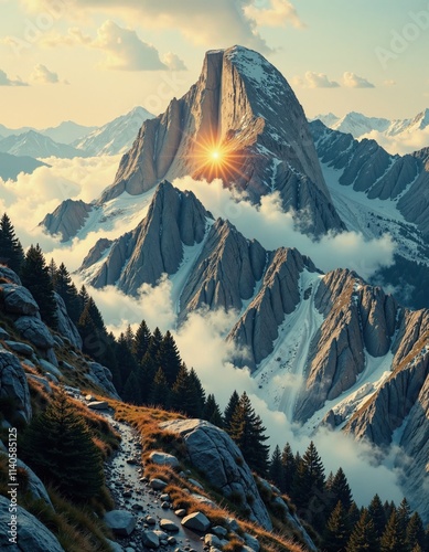 Majestic mountain sunrise with rocky peaks and lush forested pathway in autumn photo