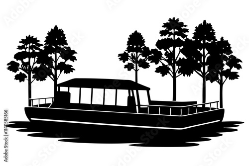 Pontoon boat with tree silhouette vector.