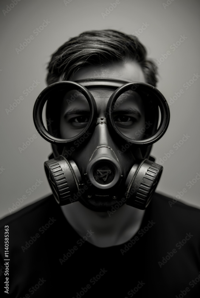 A man wearing a gas mask and a hat A man wearing a gas mask and a hat