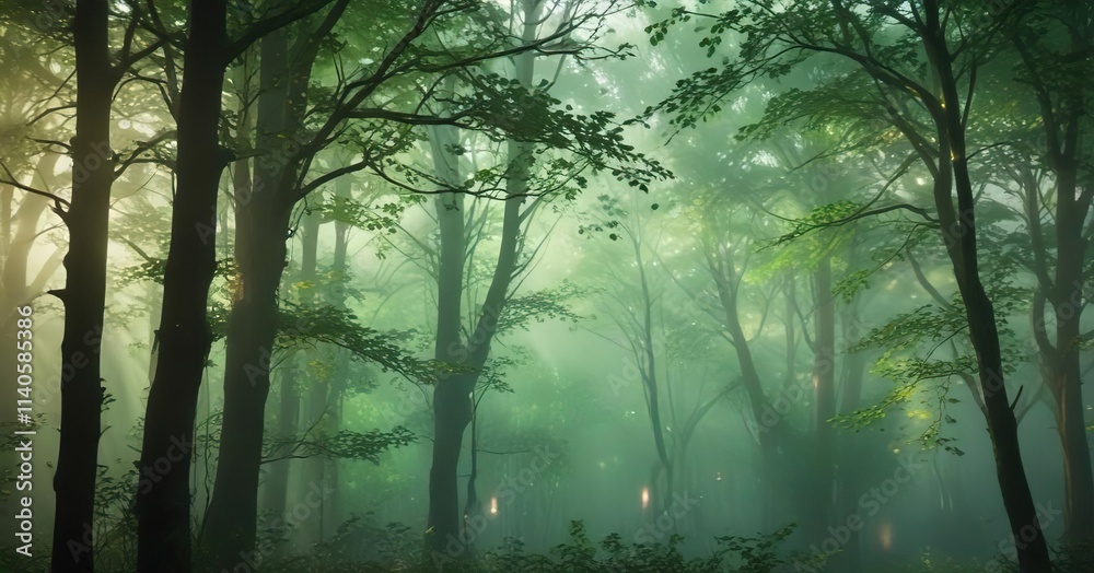 Misty forest atmosphere with an abstract bokeh blur effect on a green tree, green tree, landscape photography