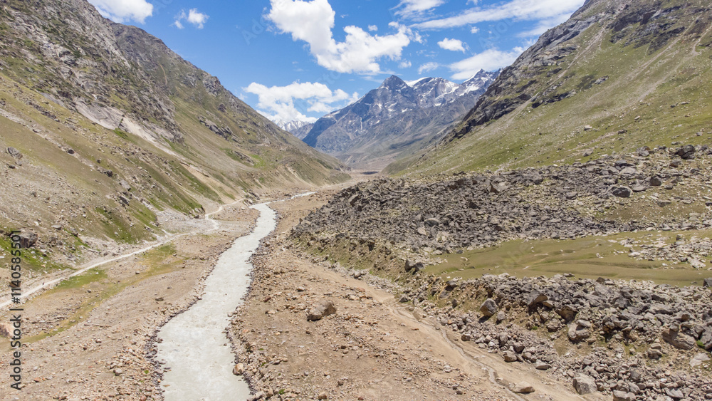 Beautiful aerial view of himalayan mountain at jilang with chenab river in lahaul, gramphu-batal-kaza road himachal pradesh, India Beautiful aerial view of himalayan mountain at jilang with chenab river in lahaul, gramphu-batal-kaza road himachal pradesh, India
